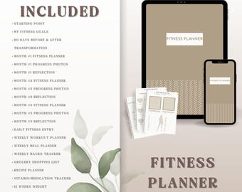 Può includere: Un pianificatore di fitness digitale visualizzato su un tablet e uno smartphone, con un elenco di sezioni incluse come punto di partenza, obiettivi, trasformazione di 90 giorni, foto di progresso, riflessioni e tracker.