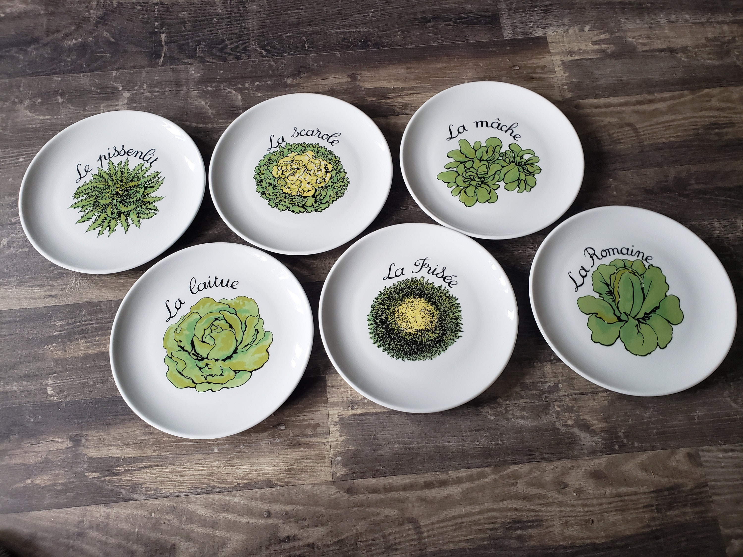 Lot de 6 Anciennes Assiettes en Porcelaine Motif Salade