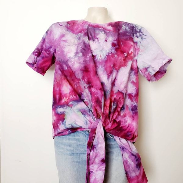 Tie dye short sleeve blouse, ice dye top, hand dyed clothing