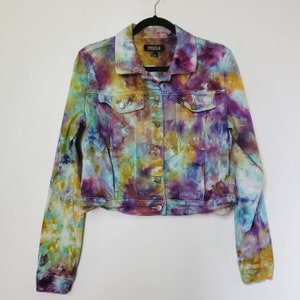 Vintage cropped denim jacket, tie dye jean jacket, colorful 90s upcycled clothing