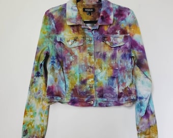 Vintage cropped denim jacket, tie dye jean jacket, colorful 90s upcycled clothing