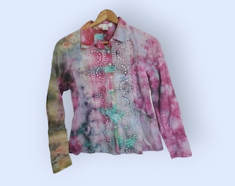 Colorful cotton shirt, hand dyed button down,  tie dye oxford, embroidery detail, size 12