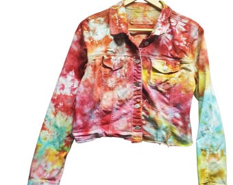 Cropped tie dye jean jacket, rainbow  cropped denim small