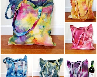 Tie dye market bags, hand dyed canvas shopping bag, reusable bag, cotton tote, produce bag, multiple colors