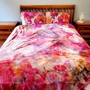 Tie Dye bedding, tie dye sheets, tie dye duvet, tie dye pillowcases hand dyed bedding, pink, orange, boho bedding, hand dyed