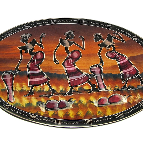 Collectable Stone Oval Display Plate 12 inch / 30 cm wide 3 Designs: African Dancers / Village Sunset / Giraffe Family with Story-card