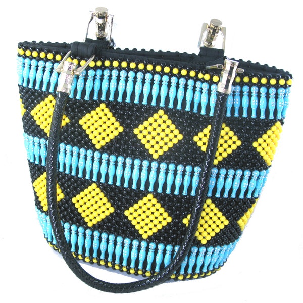 Beaded Leather Fashion Tote Handbag Bag - African Maasai Warrior Design - 33 x 26cm Lined with Zipped Pocket