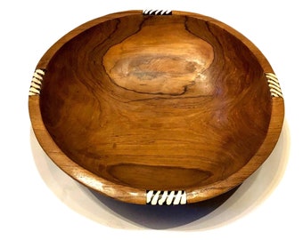 Olivewood Bowl - Large 11 inch 28 cm Handcrafted Natural Wild Olivewood with horn inserts Salad Fruit Bread Snacks 3 inch / 8cm Deep Bowl