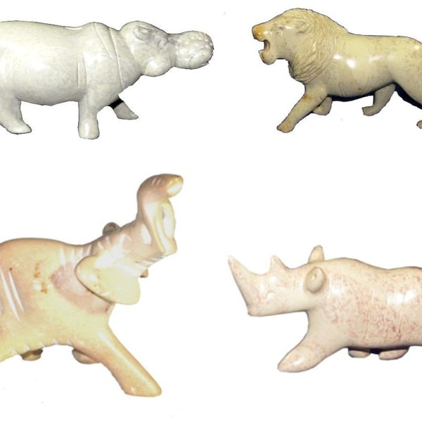 Ensemble de 4 animaux sauvages africains de bébé dans les figures d’hippopotame de rhinocéros d’éléphant de lion de savon 5cm dans la boîte blanche de cadeau avec story-card