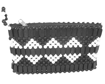 Maassai Design Beaded Leather Fashion Purse - 22 x 12 x 3cm doublé de poche zippée individuellement Noir & Blanc / Marron Designs