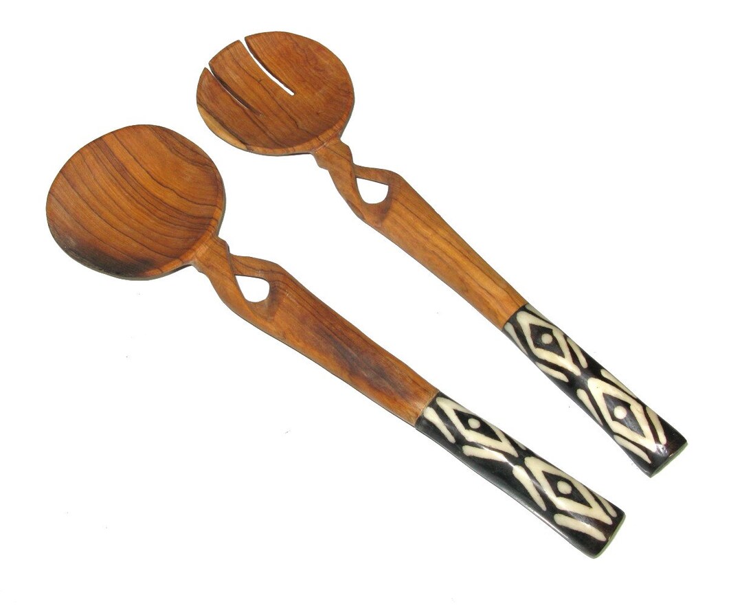 Chunky Olive Wood Salad Servers With Decorative Bone Handles 30cm 12 Inch With Storycard Etsy UK