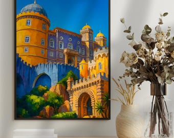 Pena Palace Portugal Wandkunst | Buntes Europäisches Schloss Poster | Lebendiges Reise-Poster | Lissabon Dekor | Architektur Kunst