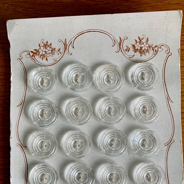 24 Antique Clear Glass Buttons on Card - New Old Stock