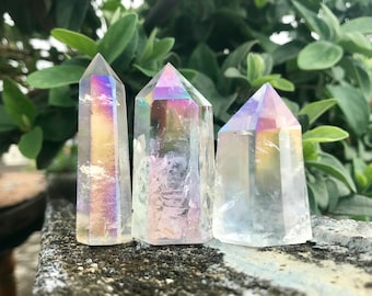 Angel Aura Clear Quartz Tower - Rainbow Aura Crackle Quartz Point, Healing Clear Quartz Wand, Aura Clear Crystal Obelisk for Meditation