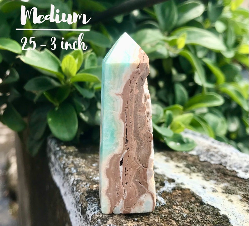 May include: A medium-sized, light blue and brown crystal point, approximately 2.5-3 inches tall. The crystal has a pointed top and a flat base. It is a natural crystal with a unique pattern of light blue and brown layers.