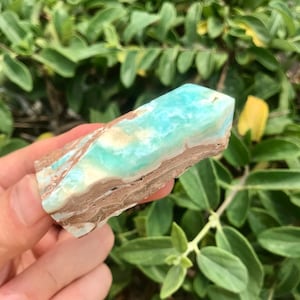 May include: A light blue and brown layered crystal with a pointed end. The crystal has a smooth, polished surface.