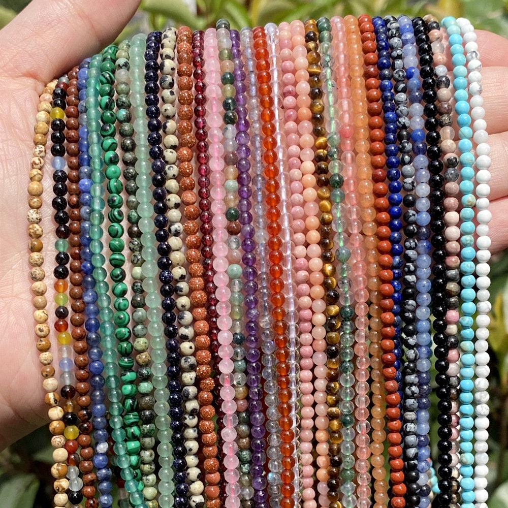2mm 3mm 4mm Natural Round Shape Gemstone Loose Beads - Healing Assorted Crystal Strand, Small Chakra Beads for Necklaces Jewelry Making 15"