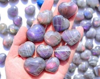 Super Flashy Purple Labradorite Heart Stone - Sunset Pink Labradorite Palm Stone, Polished Spectrolite Heart, Flashy Healing Labradorite