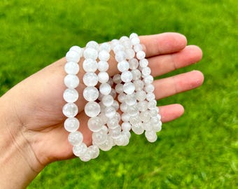 4/6/8/10mm Round Selenite Bead Bracelet-Natural Gemstone Bracelet-White Clear Crystal Dainty Bracelet, Satin Spar Healing Bracelet