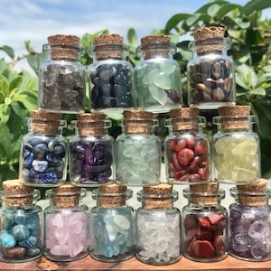Può includere: Una collezione di 15 piccole bottiglie di vetro con tappi di sughero, ciascuna riempita di cristalli e pietre preziose di diversi colori. Le bottiglie sono disposte a forma di piramide su una superficie di legno.
