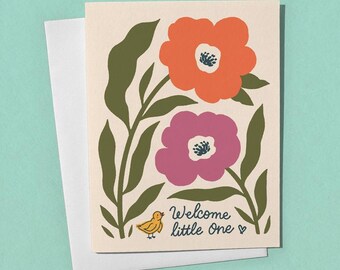 Welcome Little One Card – Illustrated Floral Baby Shower, Hand Lettered New Baby Card
