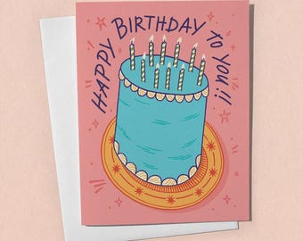 Happy Birthday Card Pink – Illustrated Cake, Hand Lettering, Colorful Birthday Greeting Card