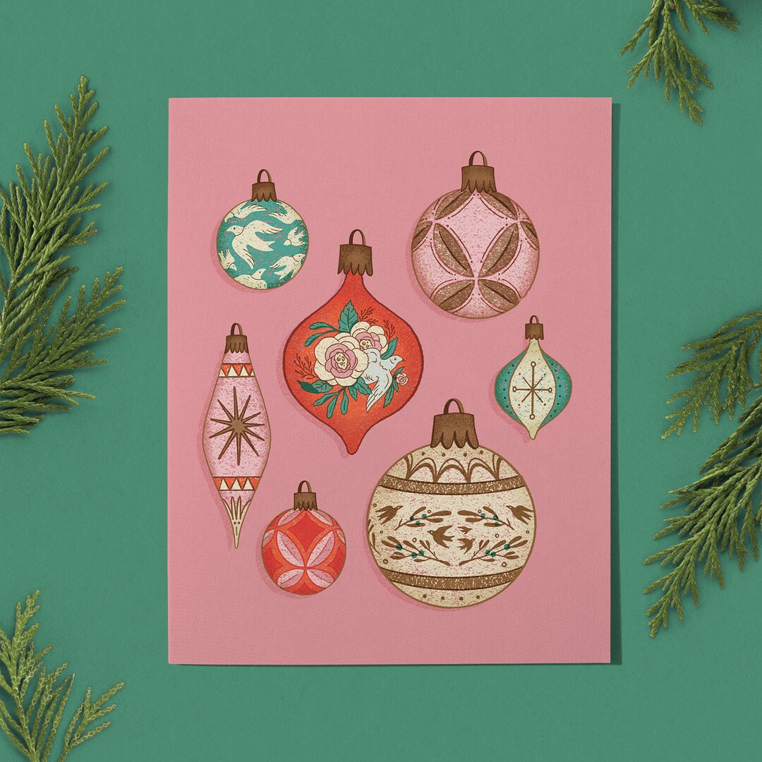 Vintage Christmas Ornaments Card Illustrated Greeting Card Etsy