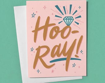Hoo-Ray Engagement Card – Hand Lettered Ring, Funny Congrats Card
