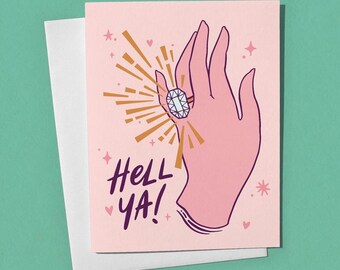 Hell Ya Engagement Card – Vintage Ring Illustration, Bold Congrats Card