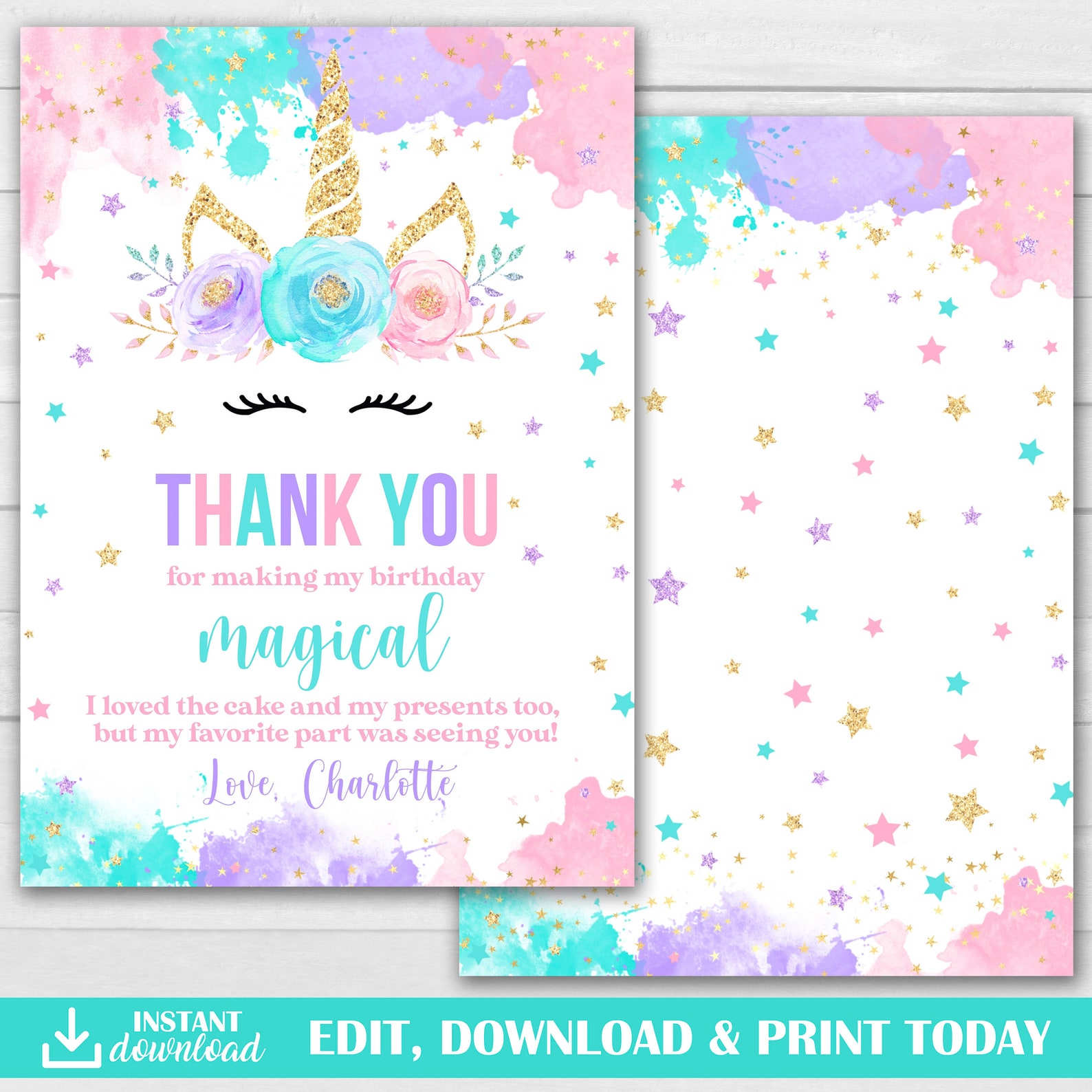 unicorn-thank-you-card-unicor-first-birthday-thank-you-card-etsy