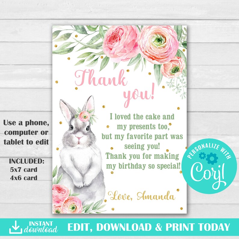 Bunny Thank You Card Easter Thank you card First Birthday Etsy