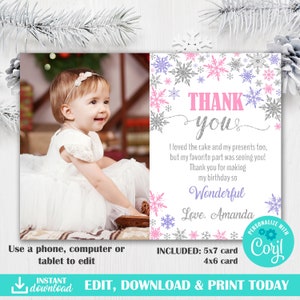 Winter Onederland Thank You Card-Winter Thank You Card-Snowflake Thank You Card-Pink and Gold Thank You Card-First Birthday Thank You