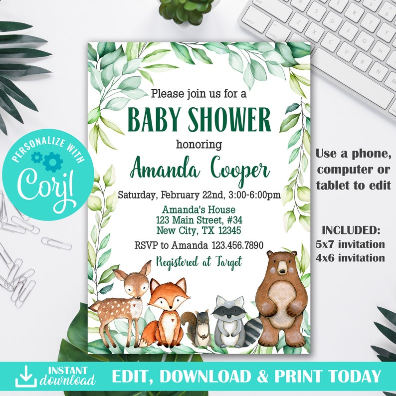woodland animal baby shower invitations