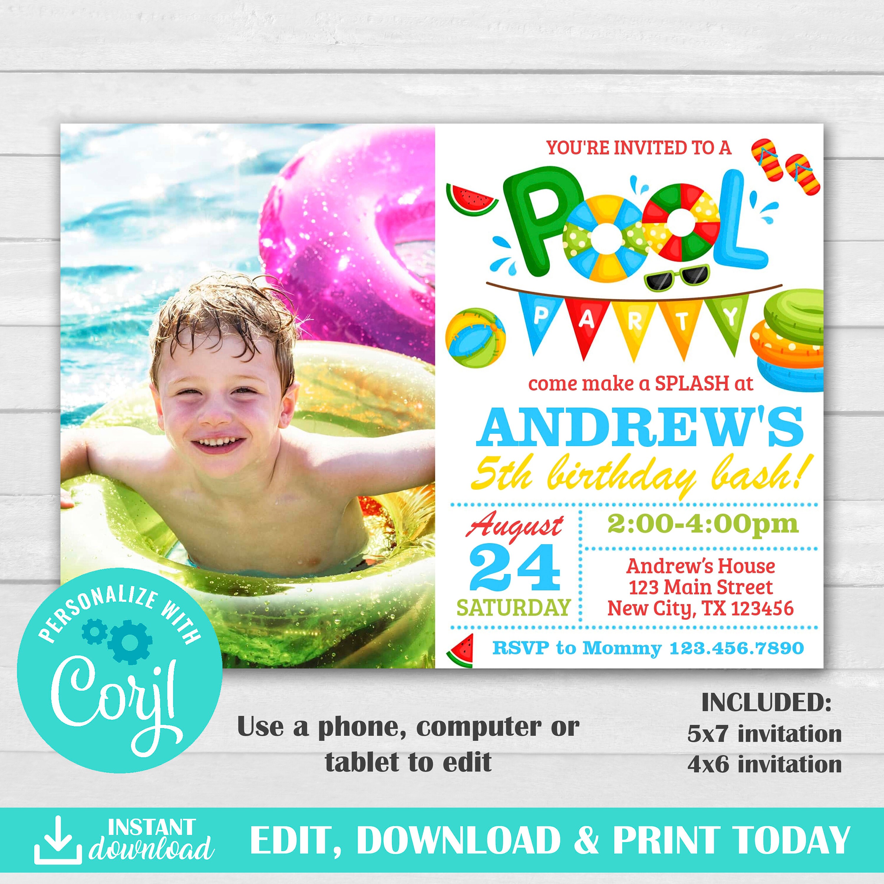 Pool Party Birthday Invitation Swimming Party Invitation Etsy
