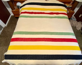 Vintage Hudsons Bay Four Point Blanket Cream Wool Colorful Stripes Rustic Trapper Style Cabin Decor Made in England