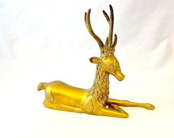 Vintage Brass Deer Statue, Indian Ornate Boho Decor, Far East India Meditation Accent