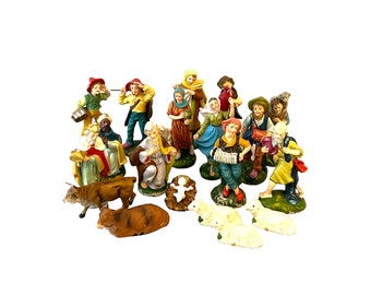 Lot of 19 Vintage Italian Nativity Composite Figures, Town People, Animals, Baby Jesus, Plaster Manger Figurines, Religious Christmas Decor