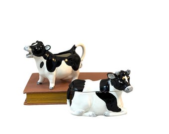 Jarra para crema y azucarero vintage de Otagiri con forma de vaca, cerámica Holstein, decoración rústica de granja de los años 80.