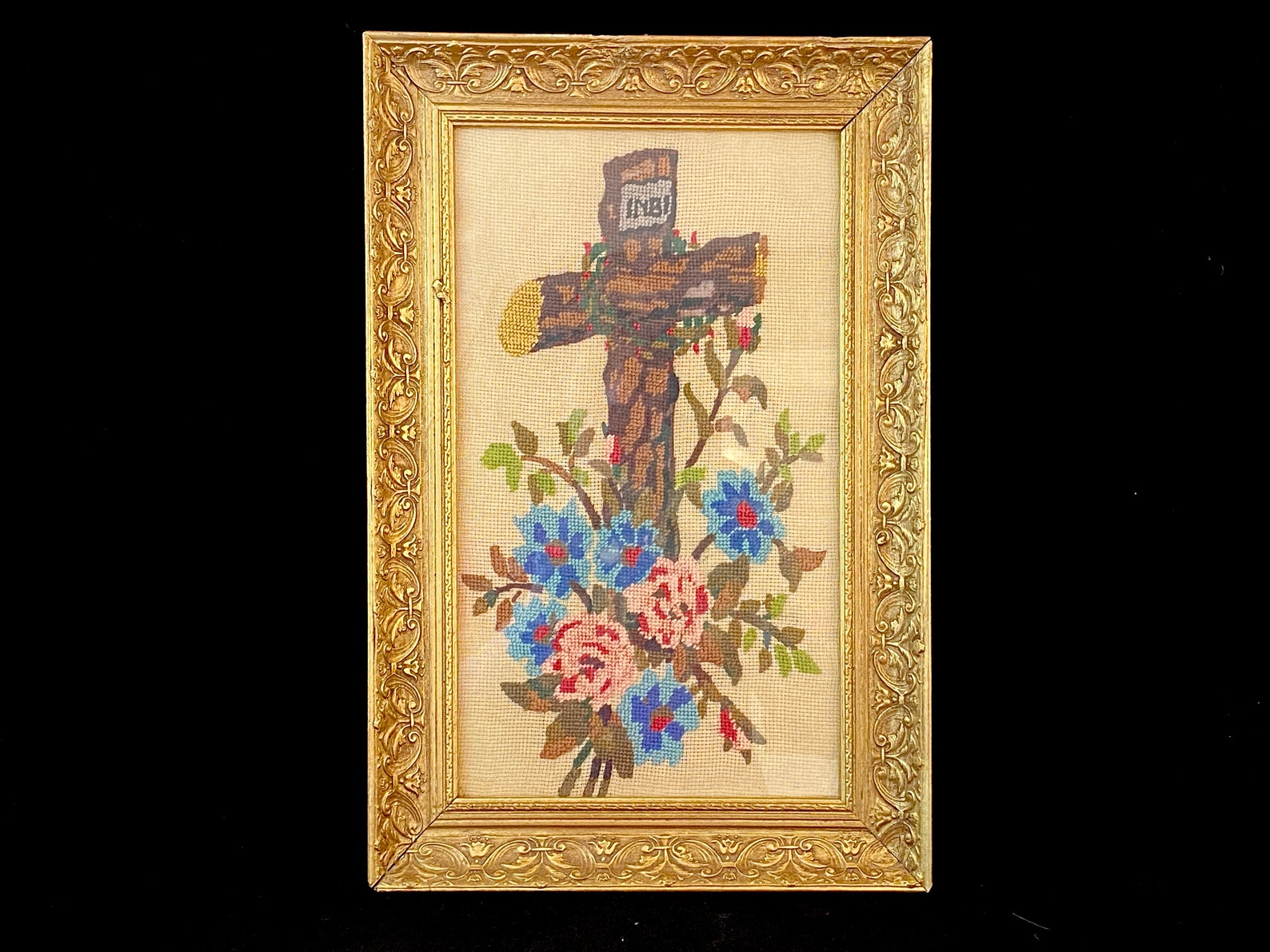 Vintage Christian Needlepoint Framed Picture Cross Religious Etsy