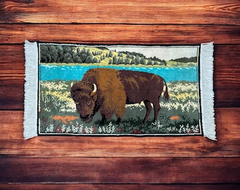 Alfombra vintage de búfalo, bisonte americano, alfombra de algodón tejido con flecos, decoración rústica del suroeste de los años 60, hecha en Bélgica.