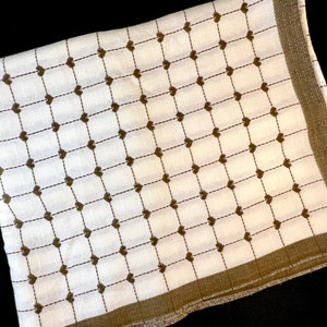 Vintage Tablecloth, Woven Acrylic, Cream with Brown Hearts, 1970&#39;s Rustic Boho Table Linen, Rectangular