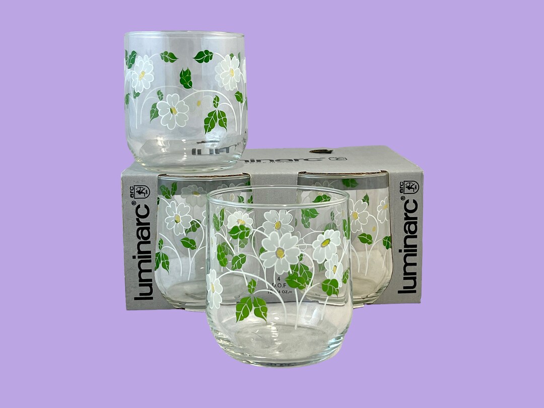 Vintage Luminarc Floral Juice Glasses, Set of 4 Flower Design Lowball