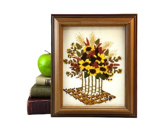 Vintage Floral Crewel Picture, Fall Flower Bouquet, Still Life Flowers, Finished Framed Embroidery Wall Hanging, 1970's Rustic Decor
