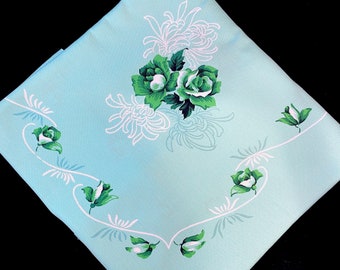 Vintage Tablecloth, Floral Print, Aqua Blue, Flowers, Extra Large Rectangular Regulated Cotton Table Linen