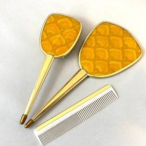 Vintage Hand Mirror, Brush, Comb, Vanity Dresser Set, Gold Tone Hollywood Regency, Feminine Shabby Chic Grandma Style