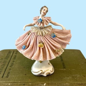 Vintage Dresden Dancer Figurine, Lace Porcelain Dancing Waltzing Woman, Pink Dress with Flowers, Made in Germany
