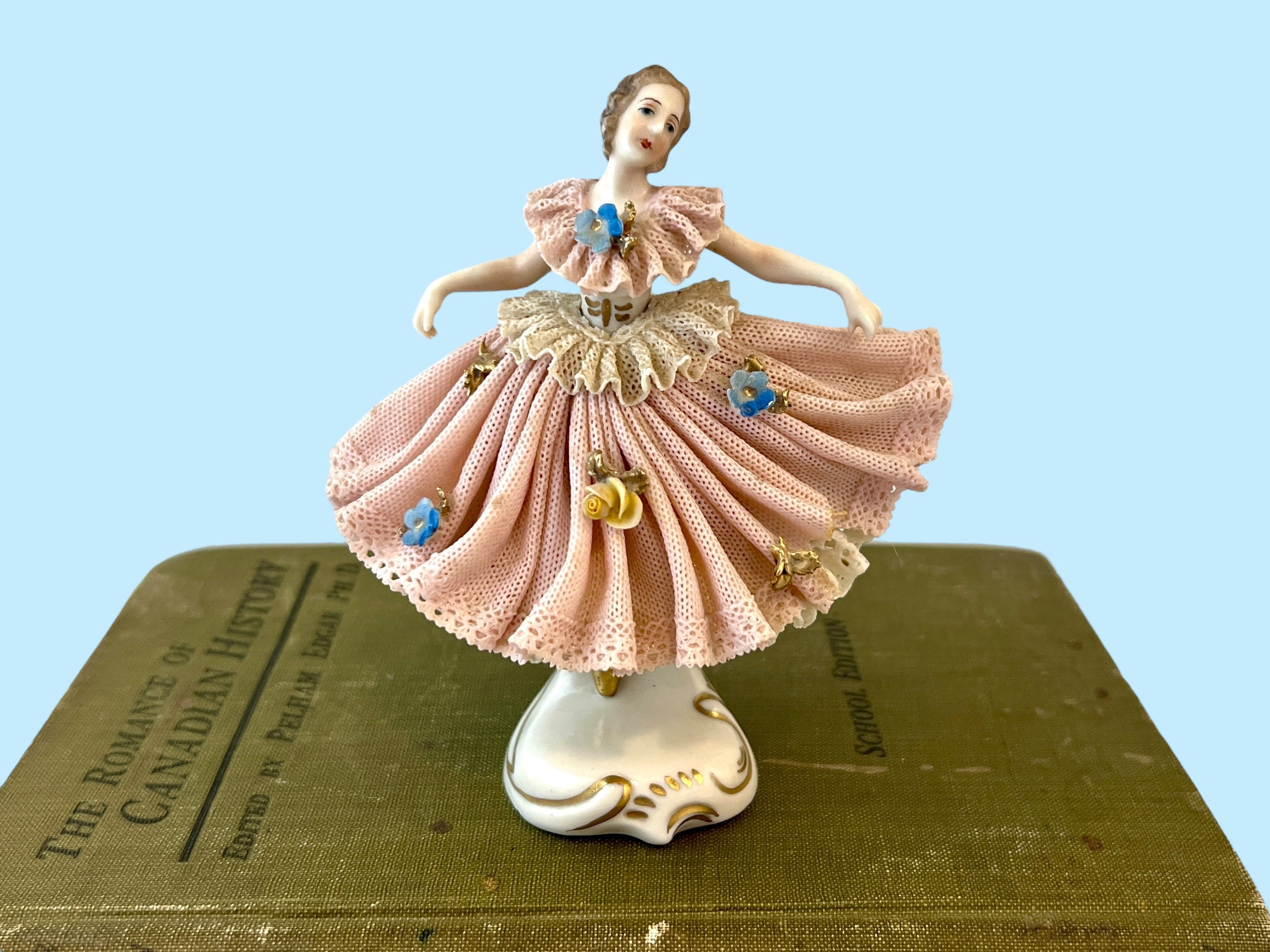 Vintage Dresden Dancer Figurine, Lace Porcelain Dancing Waltzing