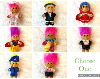 Vintage Troll Dolls, Russ Berrie, 1990's Toy Figures, YOUR CHOICE: Pirate, Police, Clown, Valentine, Snow White, Red Riding Hood