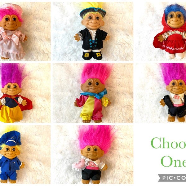 Vintage Troll Dolls, Russ Berrie, 1990's Toy Figures, YOUR CHOICE: Pirate, Police, Clown, Valentine, Snow White, Red Riding Hood