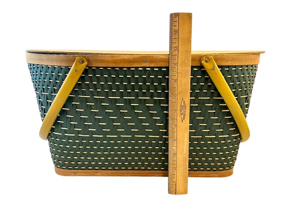 Vintage Picnic Basket, Dark Green Woven Wicker, M… - image 6